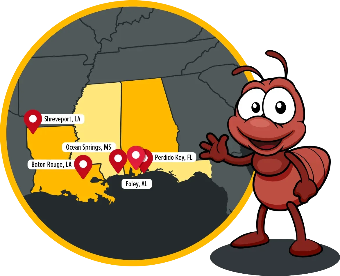 Beebes Pest and Termite service area map Louisiana, Mississippi, Alabama, Florida